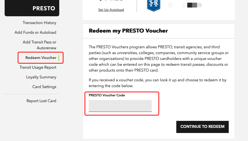 Presto Card Redeem Voucher